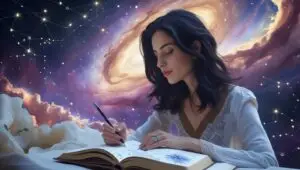 A spanish woman with dark hair and student of astrology is journaling with the celestial sky all around